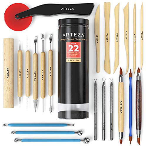 Arteza Pottery Tools & Clay Sculpting Tools, Set of 22 Pieces in PET Storage Tube, for Clay, Pottery, Ceramics Artwork & Holiday Crafts