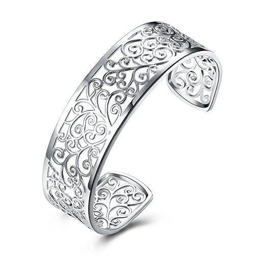 JHWZAIY 925 Sterling Silver Bangle Cuff Bracelets For Women, Hollow Open Bangle Bracelet Jewelry For Women (Silver)