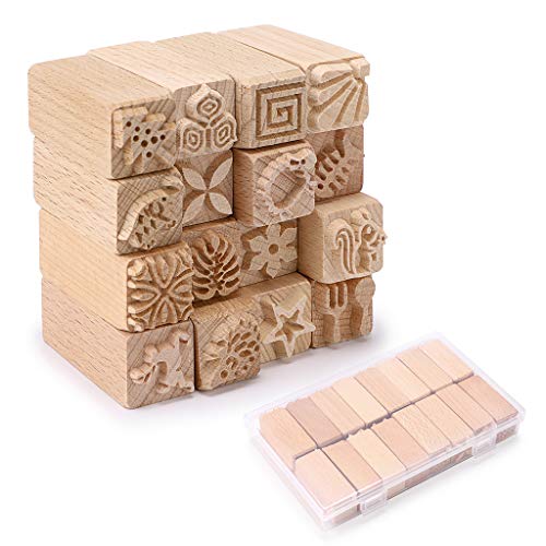 OwnMy Set of 16 Clay Modeling Pattern Stamp Kit Pottery Stamps for Clay, Wooden Clay Pottery Stamps Pottery Tool Wood Block Stamps, Clay Rolling Pin Textured Stamp Press Wooden Pottery Roller Tools