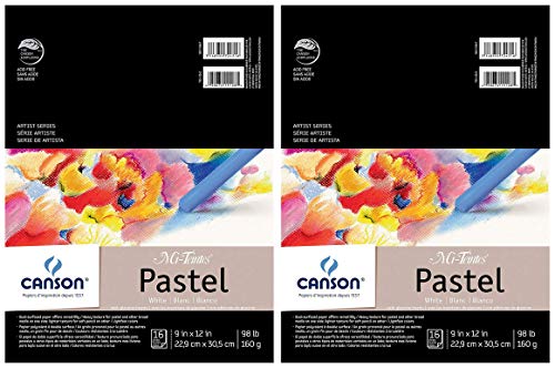 2-Pack - Canson Mi-Teintes Pastel Paper Pad, White with Glassine, Dual Sided Light and Heavy Texture, Top Wire Bound, 98 Pound, 9 x 12 Inch, White, 16 Sheets Each Pack