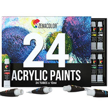 Load image into Gallery viewer, Zenacolor Acrylic Paint, Set of 24 Tubes of 0.4 oz (12 mL) Art Set for Adults and Kids, Painting on Canvas Panels, River Rocks, Glass, Wood, Fabric, Ceramic

