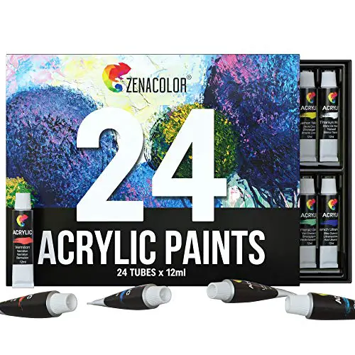 Zenacolor Acrylic Paint, Set of 24 Tubes of 0.4 oz (12 mL) Art Set for Adults and Kids, Painting on Canvas Panels, River Rocks, Glass, Wood, Fabric, Ceramic