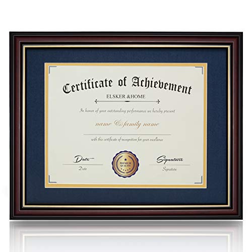 ELSKER&HOME 8.5×11 Document Frame - Matte Reddish Brown Wood Color Frame - Made for Certificates Sized 8.5x11 Inch with Mat and 11x14 Inch Without Mat (Double Mat, Navy with Golden Rim)