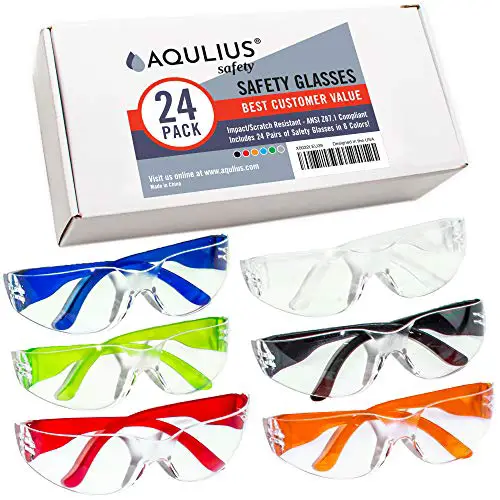 24 Pack of Safety Glasses (24 Protective Goggles in 6 Different Colors) Crystal Clear Eye Protection - Perfect for Construction, Shooting, Lab Work, and More!