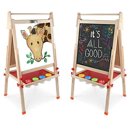 Hereinway DLone Easel for Kids, Kids Easel with Wooden Paper roll Holder Double-Sided Whiteboard & Chalkboard Kids Art Easel Magnetics, Numbers and Others, for Kids,Tollders, Boys and Girls (Natural)
