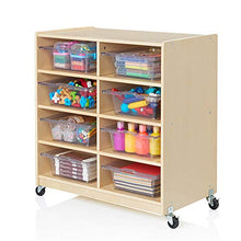 Load image into Gallery viewer, Guidecraft Wooden 8 Shelf STEM Storage Unit with 8 Bins- Rolling Science, Art Storage Cubby and Organizer, Kids Classroom Furniture, School Supply
