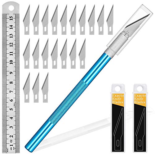 1PCS Exacto Knife Hobby Knife with Safety Cap and Craft Ruler and 20PCS Exacto Blades for Crafting and Cutting Carving Scrapbooking Art Work Cutting (Blue)