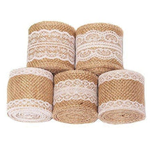 Load image into Gallery viewer, Jute Burlap Rolls Ribbon with White Lace Idea for Burlap Bows Burlap Wreaths Crafts and Rustic Decor
