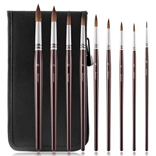 Sable Kolinsky Watercolor Brushes Set - 9pcs Round Detail Pointed Tip Artist Paint Brush for Watercolor Acrylics Inks Gouache Tempera Painting- Comfortable Short Handle