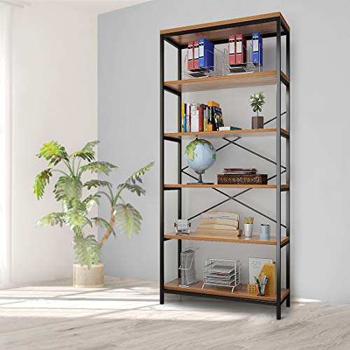 5 Tier Industrial Bookshelf, Vintage Standing Storage Shelf, Display Shelving Units, Tall Bookcase, Industrial Metal Book Shelves for Living Room Bedroom and Home Office