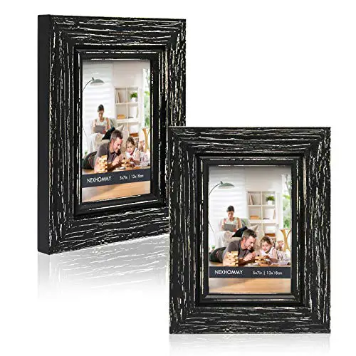 NEXHOMMY Solid Wood Picture Frames - Rustic Black Finished (Pack of 2) Photo Frames Size 5x7 High Definition Glass Vertically Or Horizontally For Tabletop Display And Wall Hanging Wide Wood Collection