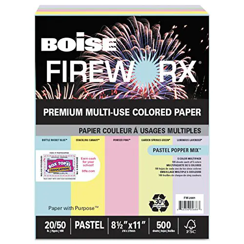 BOISE CASCADE FIREWORX Colored Paper, 20 lb, 8-1/2 x 11 Inches, Pastel Popper Mix, 500 Sheets/Ream (CASFW2001)