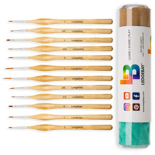 Ledgebay Miniature Paint Brushes Fine Tip Brush Set for Micro Detail | Hand Crafted, Perfectly Balanced and Weighted Wood Handles, Taklon Bristles for Model, Acrylic, Oil, Watercolor (12, Wood)