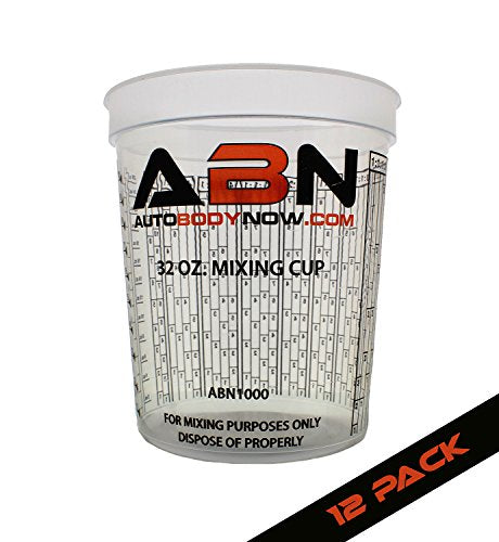ABN Clear Plastic Mixing Cup 12-Pack 32oz Ounce / 946mL Milliliter Container for Paint, Activators, and Thinner