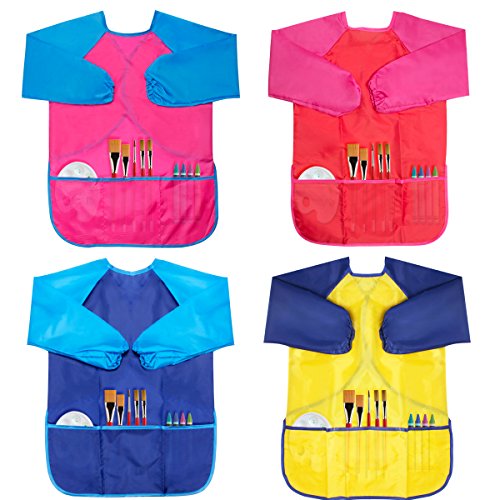 Cubaco 4 Pack Kids Art Smocks Children Waterproof Artist Painting Aprons with Long Sleeve and 3 Pockets for Age 3-8 Years