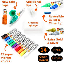 Load image into Gallery viewer, Blami Arts Chalk Markers and Chalkboard Labels Pack -14 Erasable Liquid Ink Pens - Non Toxic Extra Gold and Silver Colors Included - Reversible Tips and Erasing Sponge
