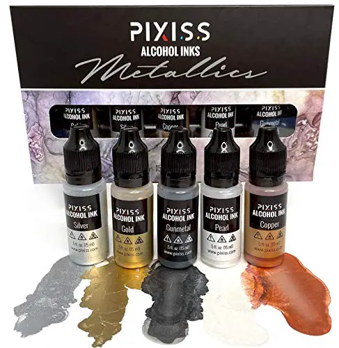 Pixiss Metallic Alcohol Inks, Pearl, Gold, Silver, Gunmetal, Copper, 0.5oz Extreme Shimmer Mixatives