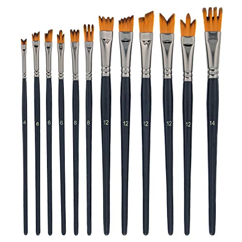 U.S. Art Supply 12 Piece Special Effects Artist Paint Brush Set - Professional Taklon Synthetic FX Brushes, Ribbon, Muti-Liner, Angular - Create Grass, Hair, Fur - Watercolor, Acrylic, Gouache, Oil
