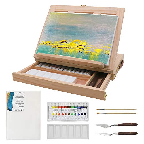 LUCYCAZ Tabletop Easel, Pine Wooden Art Easel Set for Painting with Canvas, 12 Colors Acrylic Paints, Plastic Palette and Palette Knives