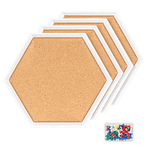 4 Packs Cork Boards Hexagon Shape with White Framed Bulletin Board Modern Decorative Cork Boards for School, Home,Office(Set Including 40 Push Pins,Hardware and Template)