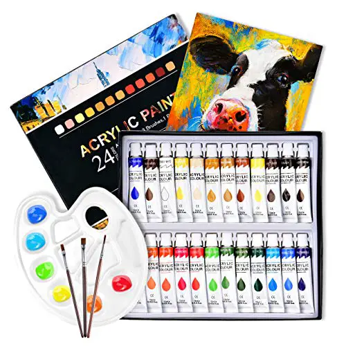 TOPELEK 29pcs Acrylic Paint Set, 24 Colors, 3 Paintbrushes, 1 Palette, 1 Canvas,Perfect for Canvas, Wood, Ceramic, Fabric etc, Good Blending & Rich Pigments for Beginner, Professional, Students