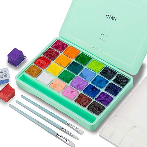 HIMI Gouache Paint Set, 24 Colors x 30ml Unique Jelly Cup Design with 3 Paint Brushes in a Carrying Case Perfect for Artists, Students, Gouache Opaque Watercolor Painting (Green)
