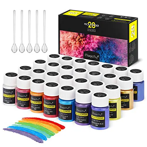 Magicfly 28 Colors Mica Powder, Colorant Paint and Dye for Epoxy Resin, Pigment Powder with 5 Spoons for Soap Making, Lip Gloss, Bath Bomb, Candle Making, Art Craft