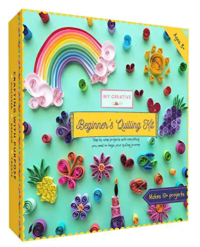 MY CREATIVE CAMP Beginner's Quilling Kit - DIY Craft Kit for Kids and Adults - 10 Projects with Easy Instructions, Storage Box, Glitter, Tools, Paper Strips, Shape Chart, Reference Guide, Accessories
