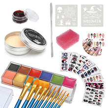Load image into Gallery viewer, Wismee Pro Stage Special Effects Makeup Kit Halloween Face Body Paint Kit 12Colors Oil Based Sfx Makeup Palette (5.64Oz) + Wound Scar Wax (1.16Oz) Fake Scab Blood+1 Spatula+10 Brushes+1 Stipple Sponge
