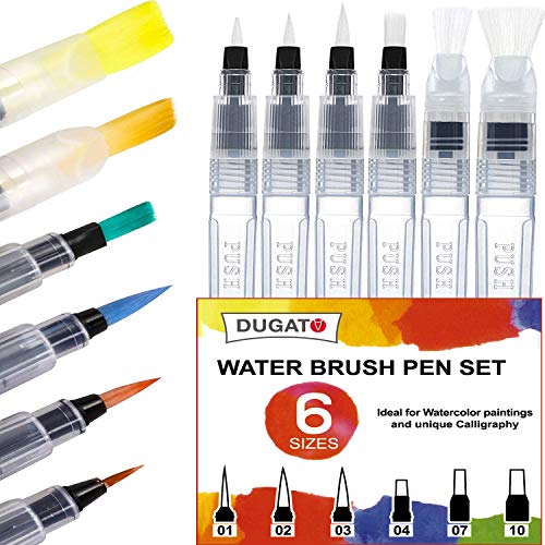 Water Brush Pens by DUGATO, Set of 6 Aqua Pen Painting Brushes with Broad & Detailed Tiny Tip Nylon, Refillable Water Brush Pens for Coloring, Art, Painting, Lettering