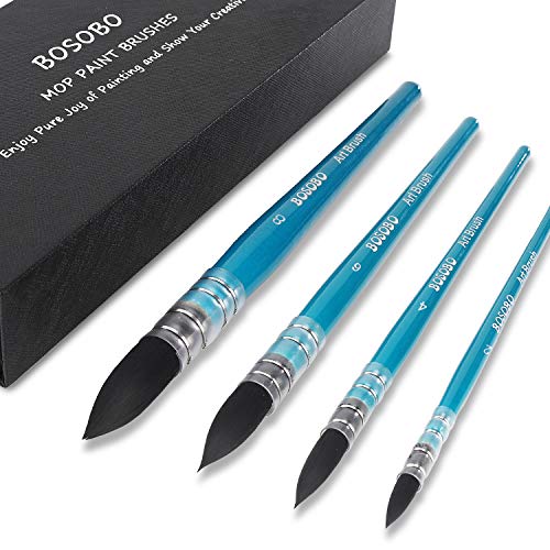 BOSOBO Paint Brushes Set, 4 Pcs Professional Round Mop Nylon Hair Artist Paintbrushes for Watercolor, Acrylic, Oil, Gouache, Ink Wash, Canvas Painting, Art Work & Crafts, Pro Adults Painting Supplies