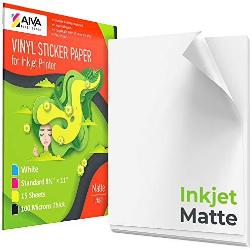 Printable Vinyl Sticker Paper for Inkjet Printer - Matte White - 15 Self-Adhesive Sheets - Waterproof Decal Paper - Standard Letter Size 8.5