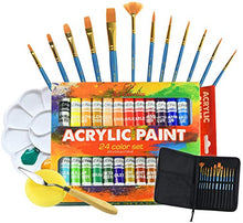 Load image into Gallery viewer, Upgraded Acrylic Paint Set - High-End Arts &amp; Crafts Painting Supplies for Kids &amp; Adults - 24 Stunning Pigments, 10 Professional Brushes &amp; Carrying Case + Extra Bonus: Palette Tray, Knife with Sponge.
