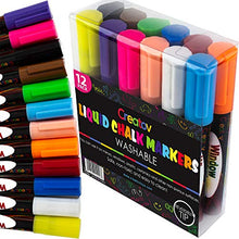 Load image into Gallery viewer, Liquid Chalkboard Window Chalk Markers -12 Pack Erasable Pens Great for Chalkboards &amp; Glass - Non Toxic Safe &amp; Easy to Use Washable Marker Neon Bright Vibrant Colors Pen for Kids and Adult
