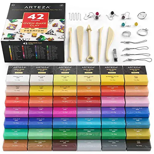 Arteza Polymer Clay Kit, Oven Bake, 42 Unique Colors, 5 Modeling Tools, For Adults & Kids, Made for Baking to Create Jewelry, Fashion Accessories, Home Decor Items and Crafts