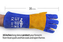 Load image into Gallery viewer, RAPICCA 16 Inches,932℉, Leather Forge/Mig/Stick Welding Gloves Heat/Fire Resistant, Mitts for Oven/Grill/Fireplace/Furnace/Stove/Pot Holder/Tig Welder/Mig/BBQ/Animal handling glove with 16 inches Extra Long Sleeve– Blue
