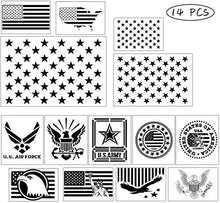 Load image into Gallery viewer, 14 pcs American Flag Stencil Templates &amp; Star Stencil &amp; Navy Stencil for Painting on Wood Crafts Fabric/Airbrush/Reusable Stencil/DIY Drawing Painting Craft Projects/Glass and Wall Planner
