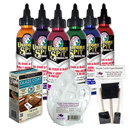 Unicorn SPiT Gel Stain & Glaze Paint in One Bundle with Famowood Glaze Coat Kit, and Purple Turtle Products Accessory Kit (Sparkle Spit All 6, 4 oz)
