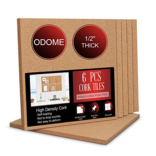 ODOME Cork Board Tiles 12”X 12” – 1/2” Thick Cork Board – Bulletin Board – Pin Board Decoration for Pictures,Ultra Strength Adhesive Backing – 6 Pieces Cork Boards for Walls – 1 Box Push Pins