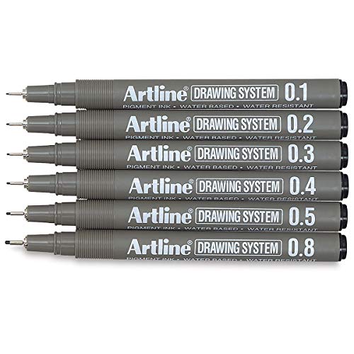 Artline Drawing Fineliner Pens, Drawing System, Set of 6 Pens (0.1 mm, 0.2 mm, 0.3 mm, 0.4 mm, 0.5 mm, 0.8 mm)