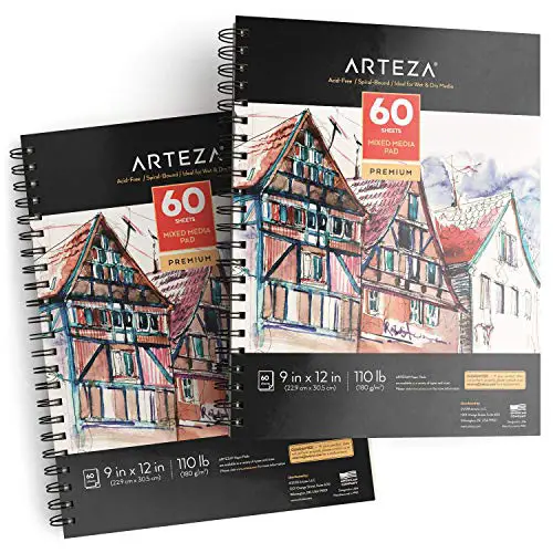 Arteza 9x12” Mixed Media Sketch Pad, 2 Pack, 110lb/180gsm, 120 Sheets (Acid-Free, Micro-Perforated), Spiral-Bound Pad, Ideal for Wet and Dry Media, Sketching, Drawing, and Painting