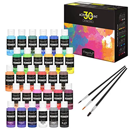 Magicfly 30 Colors Acrylic Paint Set (2fl oz/60ml Each), Non-Toxic Craft Paints with 3 Brushes, for Multi-Surface Paint on Canvas, Paper, Wood, Stone, Ceramic and Model