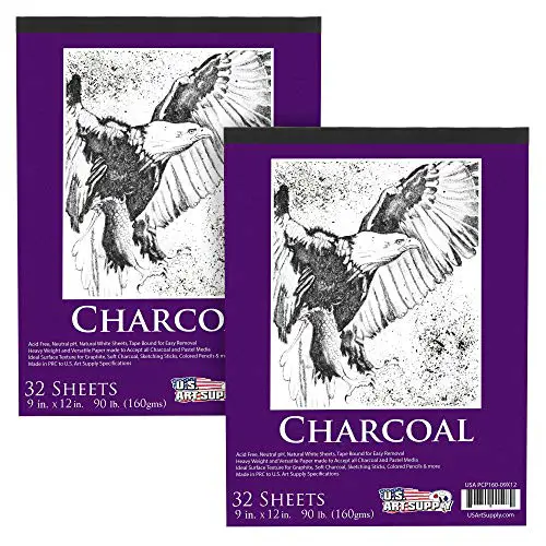 US Art Supply 9 in. x 12 in. Premium Heavy-Weight Charcoal Paper Pad, 160gsm, 90 Pound, 32 Sheets (Pack of 2)