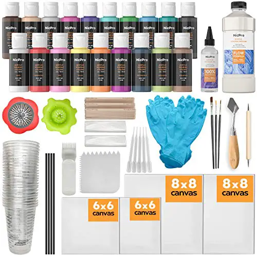 Nicpro Acrylic Pouring Kit, Artist Starter Supplies Including 19 Colors Acrylic Paints,Pouring Medium, Silicone Oil, Canvases, Gloves, Strainers, Brushes, Mixing Stick for Flow DIY Painting