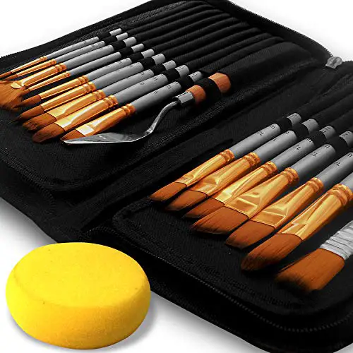 BENICCI Paint Brush Set of 16 – 15 Different Shapes + 1 Flat Brush – with Pallete Knife and Sponge – Nylon Hair and Ergonomic Non Slip Matte Silver Handles - with Standable Organizing Case