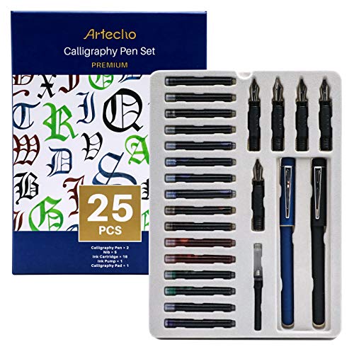 Artecho Calligraphy Pen 25pcs set, Includes Calligraphy Pens, Nibs, Ink Cartridges, Ink Pump and Calligraphy Pad, Suitable for hand lettering and calligraphy practice, Perfect Gift Set