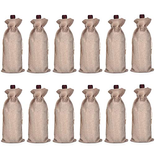 Burlap Wine Bag, 12 Pieces Wine Bottle Gift Bags with Drawstring for Wedding, Party Favors, Christmas, Holiday and Wine Tasting Party Supplies (Natural)