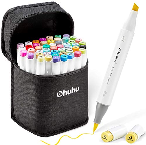 48 Colors Alcohol Brush Markers, Ohuhu Double Tipped ( Brush & Chisel ) Sketch Markers for Kids, Artist Art Markers, Adult Coloring and Illustration, Comes w/ 1 Colorless Alcohol Marker Blender