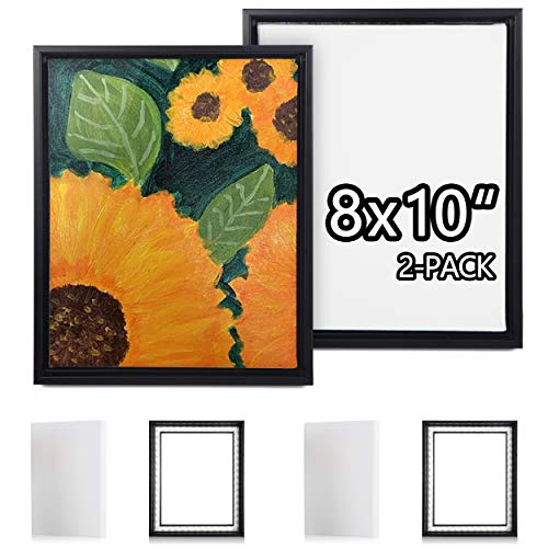 Picture Frame Set with Blank 8x10 Stretched Canvases with Floating Frames of 2 Pack, Studio Plastic Floater Frame for 2/3'' Deep Artwork & Canvas Print, Tabletop or Wall Gallery Display, Black
