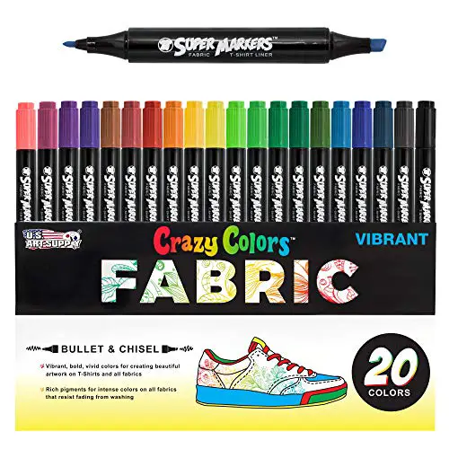 Super Markers 20 Unique Colors Dual Tip Fabric & T-Shirt Marker Set-Double-Ended Fabric Markers with Chisel Point and Fine Point Tips - 20 Permanent Ink Vibrant and Bold Colors
